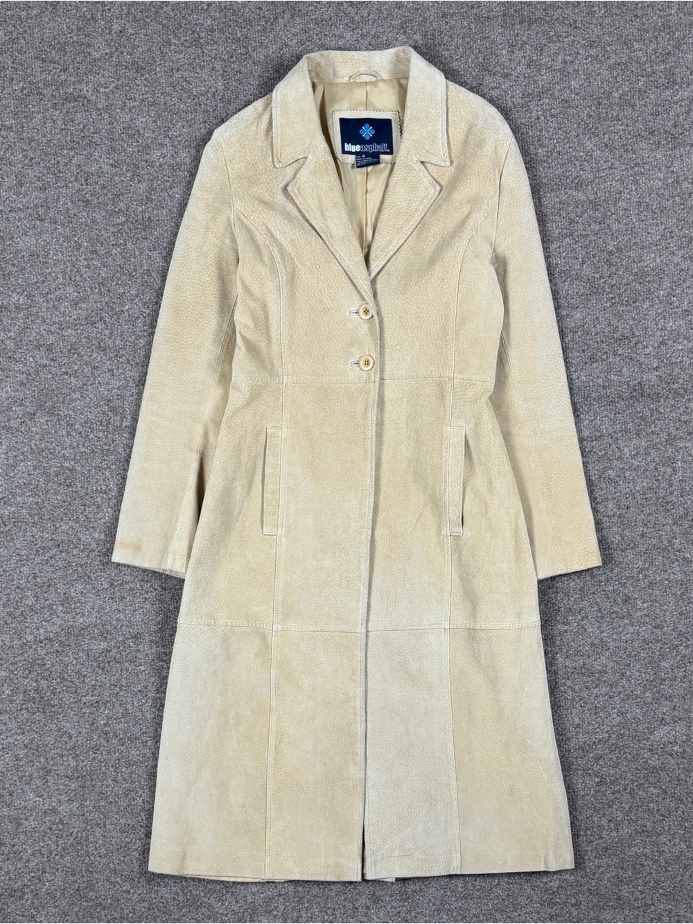 Vintage Blue Asphalt Tan Suede Leather Long Coat Women’s Medium 90s Y2K Jacket